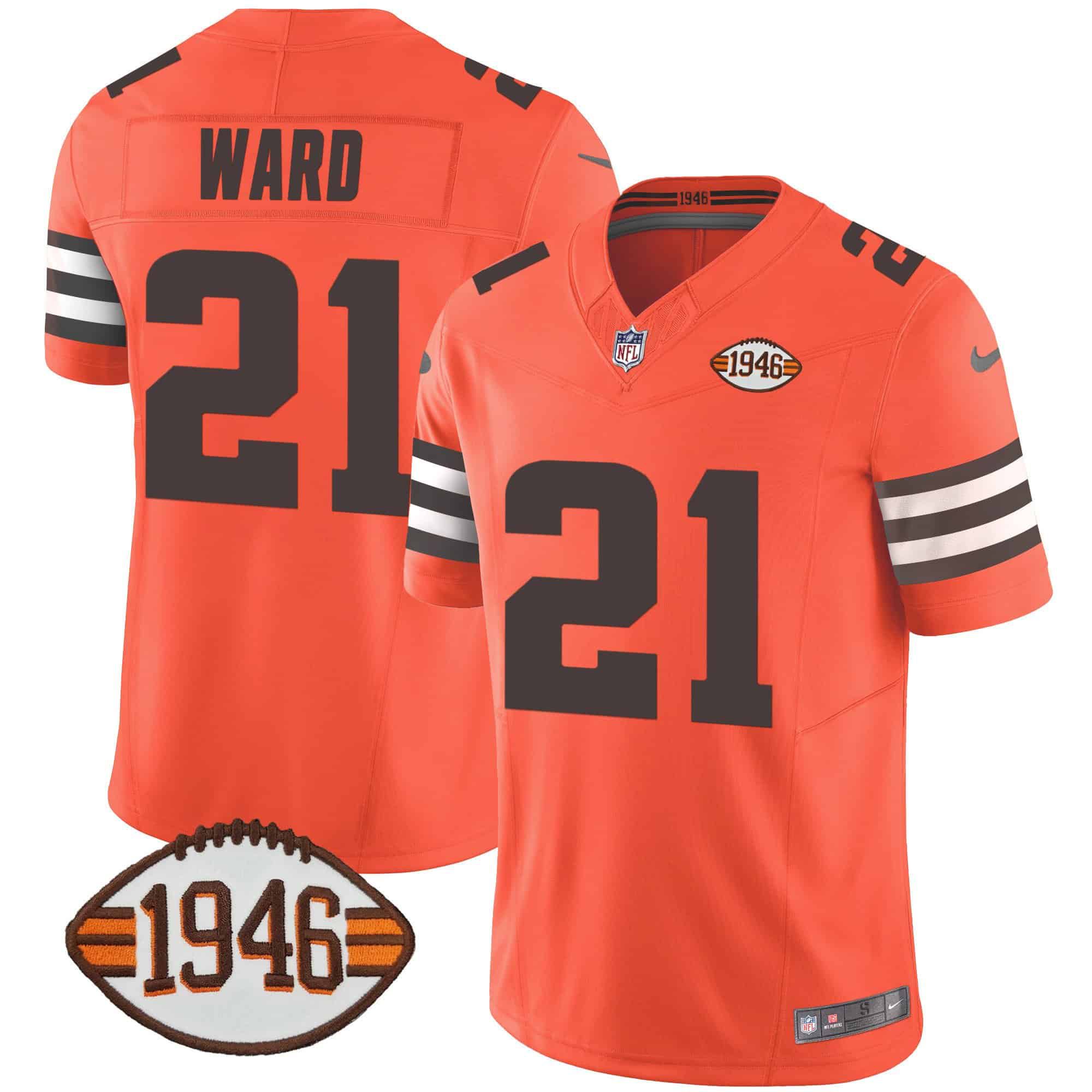 Men Cleveland Browns #21 Ward Orange 1946 75th Anniversary Patch 2024 Nike NFL Jersey